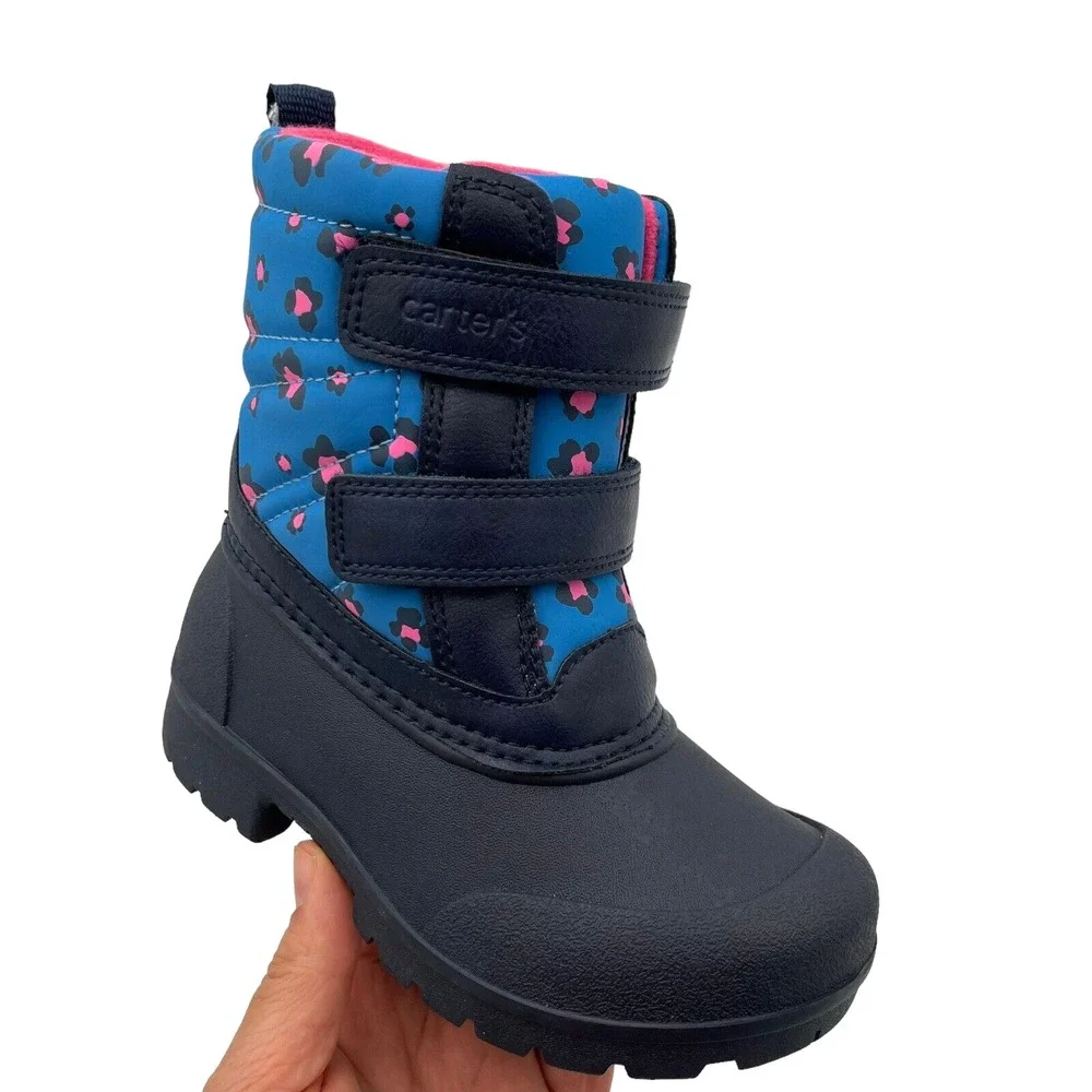 Carters Little Girls Slip on Warm‎ Snow Boots Size 12 Pink Navy Blue Adjustable